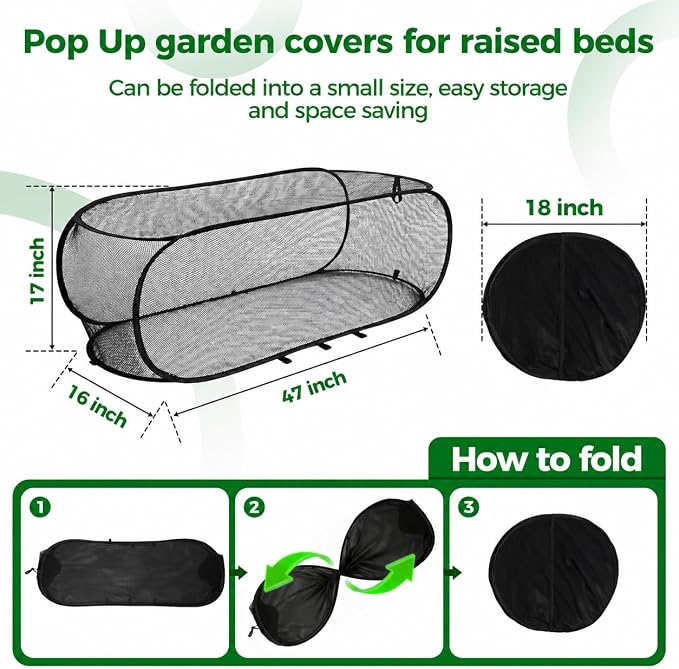 BobbleT 2 Pack Garden Covers for Raised Beds, Pop Up Mesh Plant Cover with 30% Sunblock Shade Cloth, Crop Cage for Seedlings & Vegetables, Black Outdoor Garden Bed Cover with 16 Metal Stakes