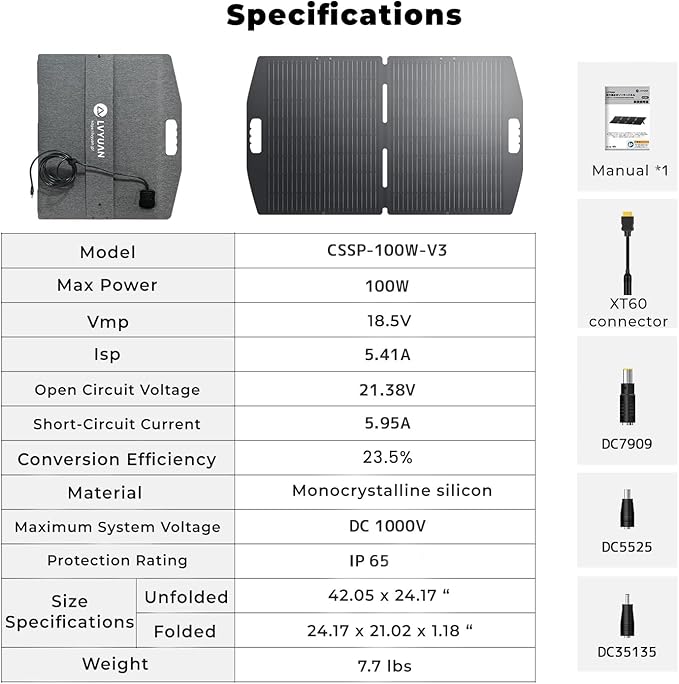 LVYUAN 100W Portable Solar Panel for Power Station, Foldable Solar Panel 23.5% Mono Cell with ETFE, IP65 Waterproof with 4-in-1 Adapter Battery Charger for Outdoor Camping Van RV Trip