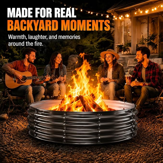 72" Extra Large Fire Pit Ring – Outdoor Wood Burning Fire Pit with 12'' Deep for Large Group Backyard Gatherings – Heavy Duty Galvanized Steel with Heat-Resistant Coating for Patio, Camping & Bonfires