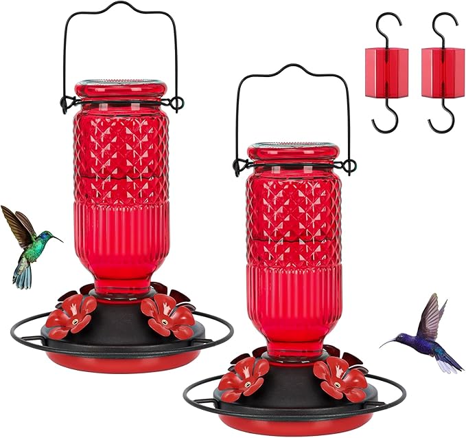 FEED GARDEN Glass Hummingbird Feeder 2 Pack, 16oz Leak-Proof with Ant Moat & Bee Guards, Easy Clean Wide Mouth, Metal Perches, Red Outdoor Hanging