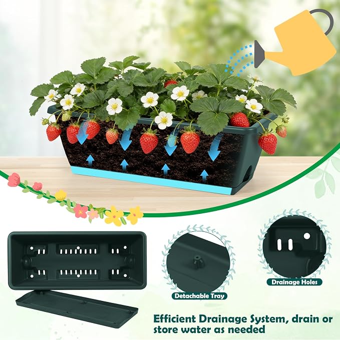 6 Pack Deck Railing Planter Boxes Outdoor Fence Planters with Drainage Holes, 17’’ Window Boxes Planters with Adjustable Metal Brackets for Garden, Balcony, Patio, Green
