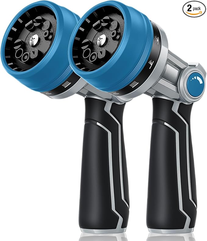 RAINPOINT Full-Metal Garden Hose Nozzle, Heavy Duty Water Hose Nozzle Sprayer With 10 Adjustable Patterns & High Flow,Thumb Control For Flow Adjustment, Ideal For Watering, Washing, Cleaning,Blue-2PCS