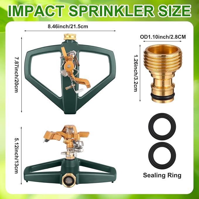 3 Sets Sprinklers for Yard Pulsating Impact Sprinkler with Metal Base Heavy Duty Adjustable Hose for Lawn Large Area Garden(Green)
