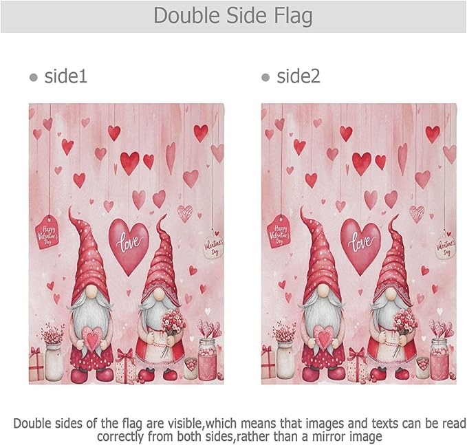 Valentine’s Day Pink Love House Flag 28x40 Inch Double Sided Outside Happy Valentines Gnomes Flowers Red Heart Yard Outdoor Flag Banner for Garden Lawn Patio Holiday Decorations