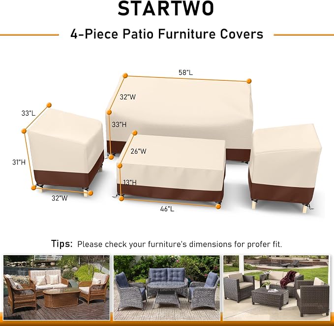 STARTWO Outdoor Waterproof Patio Furniture Covers 4-Piece Set for Chairs, Loveseat and Coffee Table, Beige