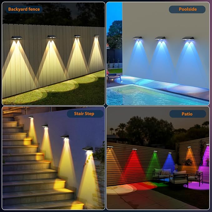 Solar Fence Lights ,RGB & Warm White & 6 Colors Bright Lens LED Dusk to Dawn Deck Light, Fence Solar Lights Outdoor Waterproof, Solar Outdoor Lights for Backyard/Railing/Wall/Step/Patio/Pool (8Pack)