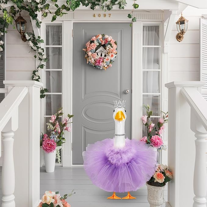 4 Pcs Princess Porch Goose Outfit for 23" 17" Cement Lawn Goose Costume Crown Necklace Tutu Skirt Feather Trim for Princess Outdoor Garden Lawn Art Decor(Purple)