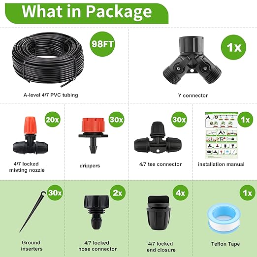 Locked - Connect Drip Irrigation Kit, 98ft Garden Drip Irrigation System, Automatic Micro Watering System with 4/7 inch Tubing Hose with Misting Nozzle Emitters for Garden, Bed Patio, Greenhouse