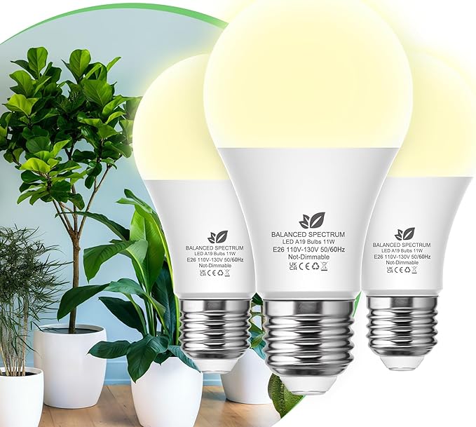Flaspar Grow Light Bulbs A19 LED, Full Spectrum Plant Light Bulb for Indoor, E26 Base 11W Grow Bulb 100W Equivalent, Plant Lights for Indoor Growing, Flowers, Greenhouse, Seed Starting, 3 Pack
