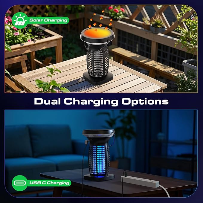 OnBeam Solar Bug Zapper Outdoor, Mosquito Zapper Outdoor Waterproof Electric Rechargeable Fly Zapper with Solar Panel, 4200V Fly Trap Indoor for Home Backyard, Patio, Garden, Camping