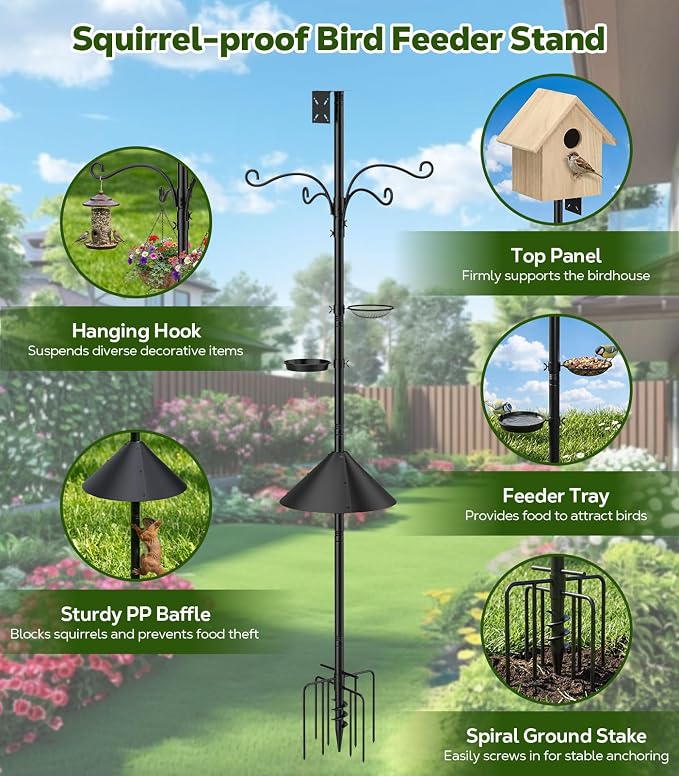 MoKo Bird Feeder Pole, 92 inch Bird Feeding Station Heavy Duty with Squirrel Baffle and 9 Prong Base, Includes Water Bowl and Mesh Tray for Feeding, for Gardens and Courtyards, No Bird House, Black