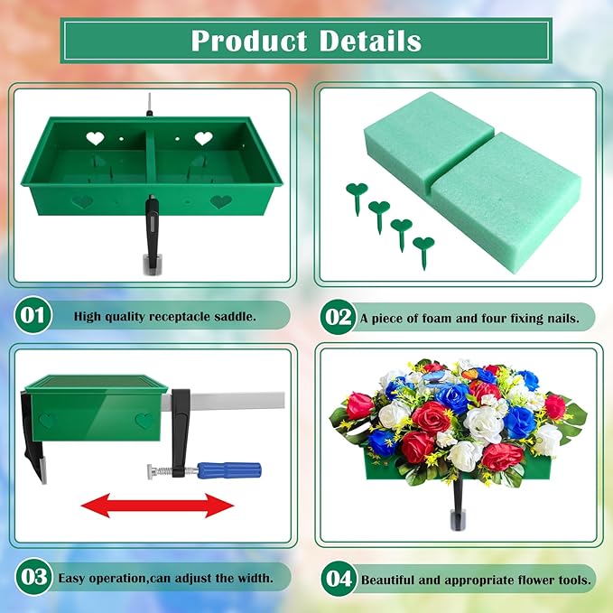 2 Pack Headstone Flower Saddle, Adjustable Cemetery Floral Holder for 3"-8" Graves, Wind-Resistant&Non-Slip Grip Tombstone Saddle, DIY Memorial Decorations for Memorial Day Mother's Day & Father's Day