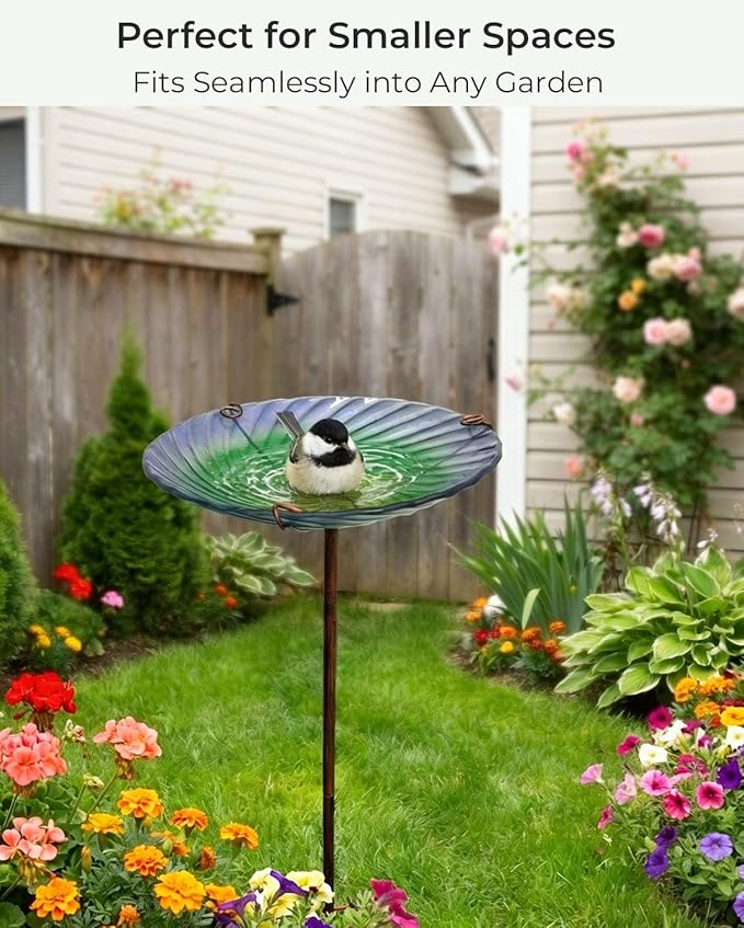 10.5" D Glass Bird Bath with Stake – Shallow Bird Bath for Outside Garden Backyard – Decorative Birdbath & Feeder for Patio Lawn – Hand-Painted Glass Water Dish, Blue