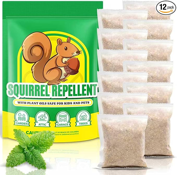 Squirrel Repellent Outdoor 12 Pouches, Chipmunk Repellent Outdoor for Bird Feeders, Natural Squirrel Deterrent Keep Squirrels Out of Garden Yard, Squirrel Repellent for Attic Cars Engines Roof