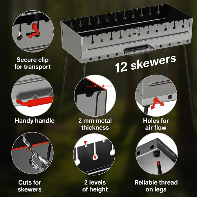 Stainless Steel Charcoal Grill, Portable Foldable Kabob Mangal, Heavy-Duty Rustproof BBQ, 24.80x9.45x25.2 Inch, for Outdoor Use, 12 Skewer Capacity