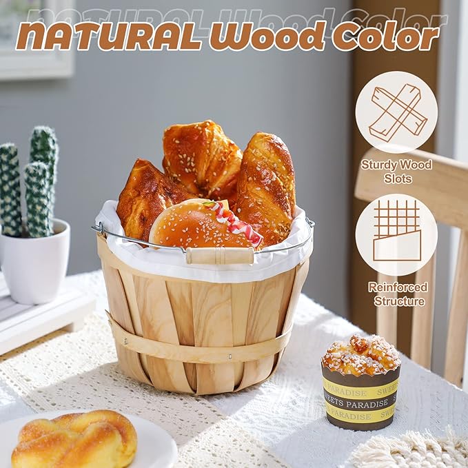 Eaasty 3 Pack Round Wooden Bushel Baskets Wood Fruit Buckets with Handle for Vegetable Snack Fall Holiday Farmhouse Garden Decoration, 4-quart Capacity, 6. 1 Inch Tall, 8 Inch Diameter
