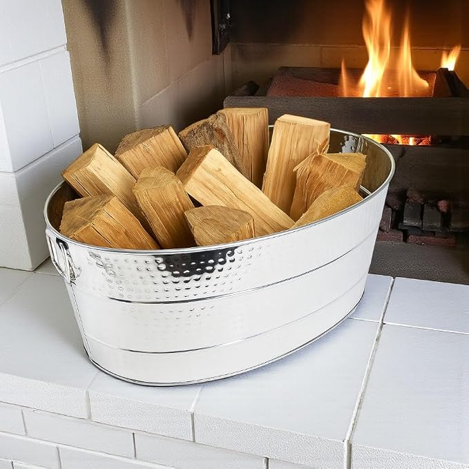 BREKX 25-Quart Tub for Firewood Storage Rack Log Holder - Heavy-Duty Portable Galvanized Tub with Handles for Indoor/Outdoor (Silver)