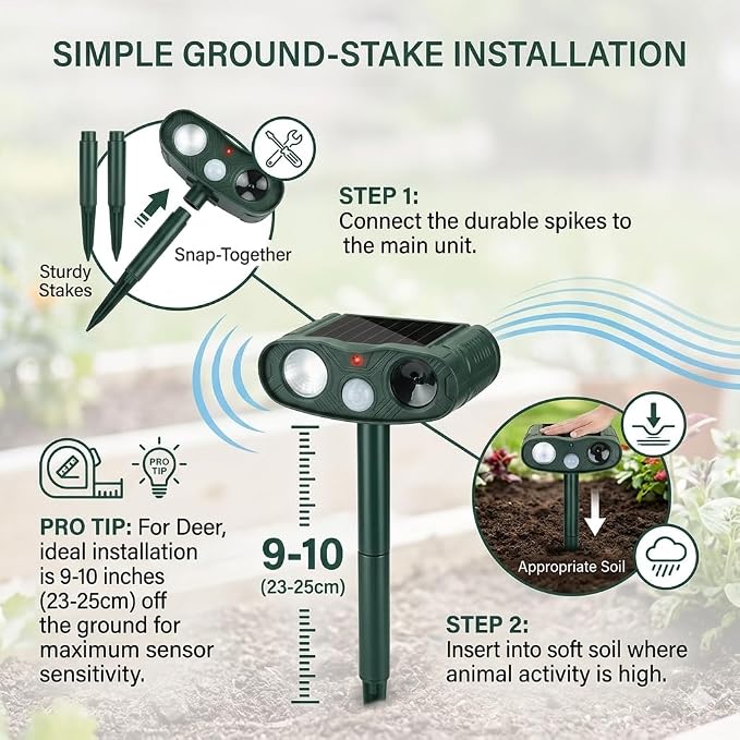 2026 4Pack Sonic Fortress Pro Deer Repellent Devices to Protect Hostas&Plants,Solar Ultrasonic Animal Repellent with Flash Light&Motion Activated for Garden,Yard,Keep Rabbit,Squirrel Away (4)