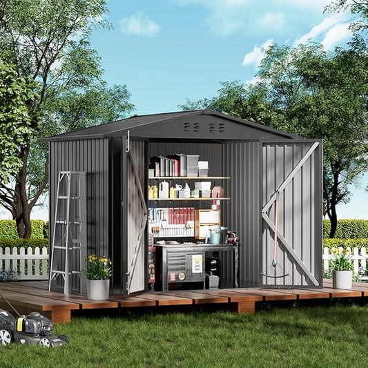 COMHOMA Shed Outdoor Storage Shed Metal,Lockable Doors Tool Sheds with Sloping Roof,Steel Garden Shed with Air Vent for Backyard,Patio,Lawn,Poolside(Grey,8'x6')