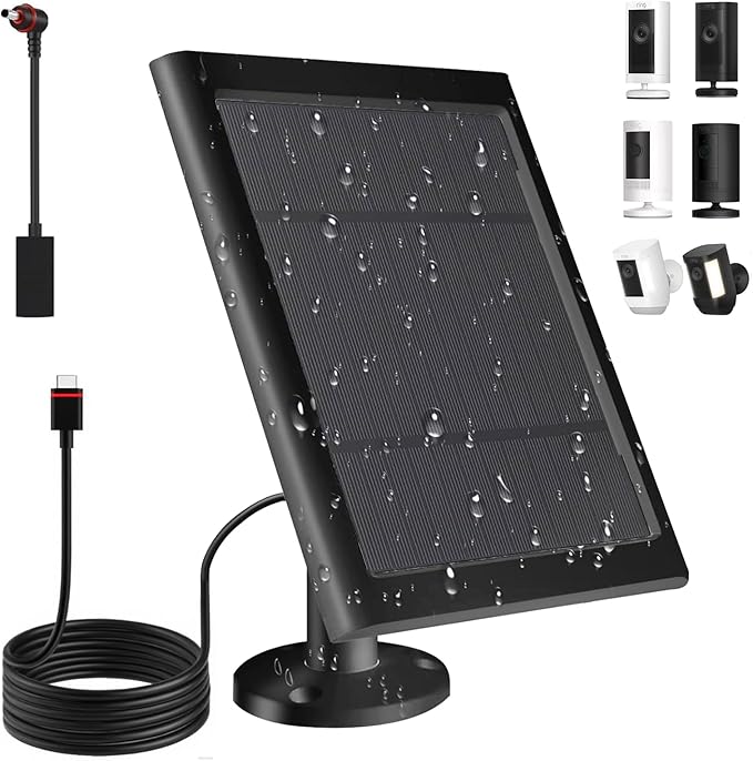 Solar Panel for Ring Camera(2nd Generation) Dustproof Waterproof 5W Solar Panel with 10FT/3M Long Cable for Stick Up & Pro Spotlight Cam Battery for Security Camera (Black 1 Pack)