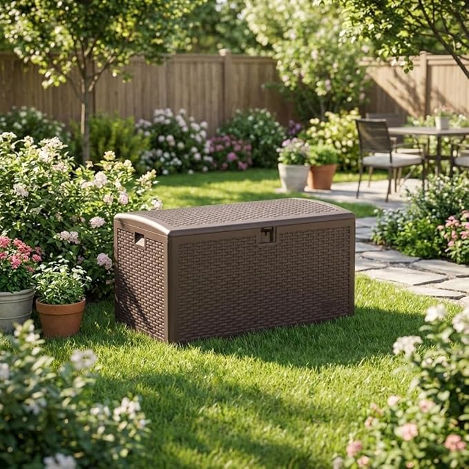 CABIHOME Outdoor Storage Box 73 Gallon Waterproof Large Resin Deck Box Indoor Outdoor Lockable Storage Container for Patio Furniture Cushions Garden Tools, Pool Garden, 100 Gallon, Brown