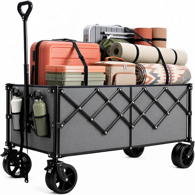 OLIXIS 49" Extra Long Folding Wagon Cart, 440LBS Heavy Duty Collapsible Wagon with Big All-Terrain Wheels, 250L Portable Outdoor Utility Cart for Shopping, Garden, Camping, Grocery, Sports - Grey
