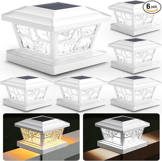 SIEDiNLAR Solar Post Lights Outdoor 6 Pack 4 Modes 40 LEDs Deck Fence Post Cap Light for 4x4 5x5 6x6 Vinyl/Wooden Posts Patio Decor, Warm/White Dynamic Lighting (White)