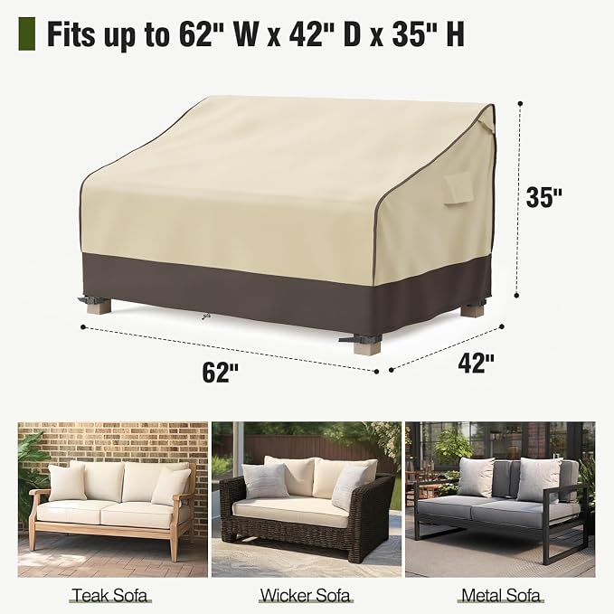 MR.COVER Outdoor Couch Cover Waterproof, Patio Furniture Covers for 2-Seater Couch, Heavy Duty Patio Couch Sofa Covers, Fits up to 62"W x 42"D x 35"H, Moisture-Proof & UV-Protection, Brown & Khaki
