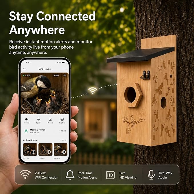 Smart Bird House with Camera, Wooden Birdhouse for Outdoor Bird Watching, App Live View, Color Night Vision, Motion Detection, 2-Way Audio, Waterproof Backyard Bird Nesting Box