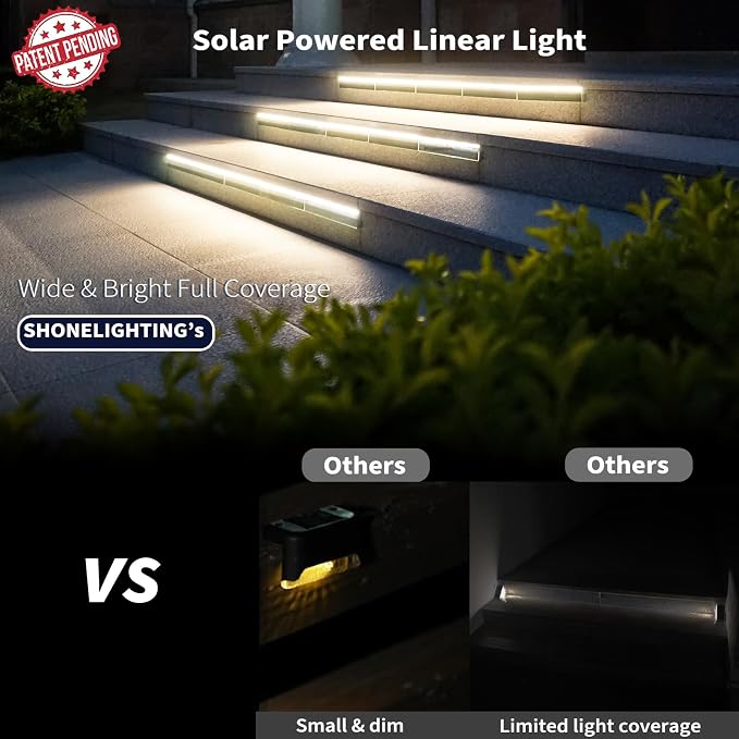 SHONELIGHTING Solar Step Lights for Outside, 33 Focused-Beam High-Brightness LEDs, Waterproof Aluminum Outdoor Stair Light for Risers, Curbsides, Poolsides, Planter Edges (Warm White, 8Pack)