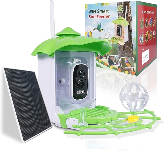 Bird Feeder with Camera,AI Identify Birds Species,Solar Powered,Auto Record Videos in Backyard,Instant Notifications,Ideal Gift for Family and Bird Lovers (Green)
