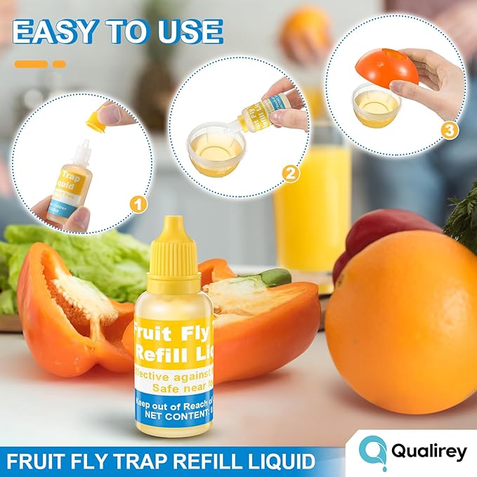 Qualirey Fruit Fly Trap for Indoor and Kitchen Use, 0.68 oz Each Bottle Fruit Fly Trap Refill Liquid, Ready to Use, Safe Near Food, Efficient Lure Refill Liquid, Yellow(6 Pack)