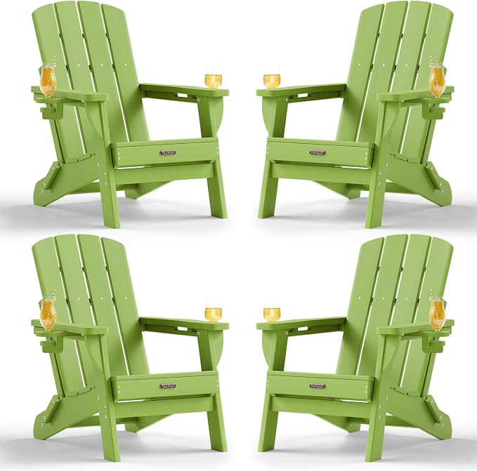Folding Adirondack Chair Set of 4, HDPE Adirondack Chairs with 2 Cup Holder, Plastic All-Weather Fire Pit Chairs, Outdoor Lawn Chair for Patio Garden (Lime)