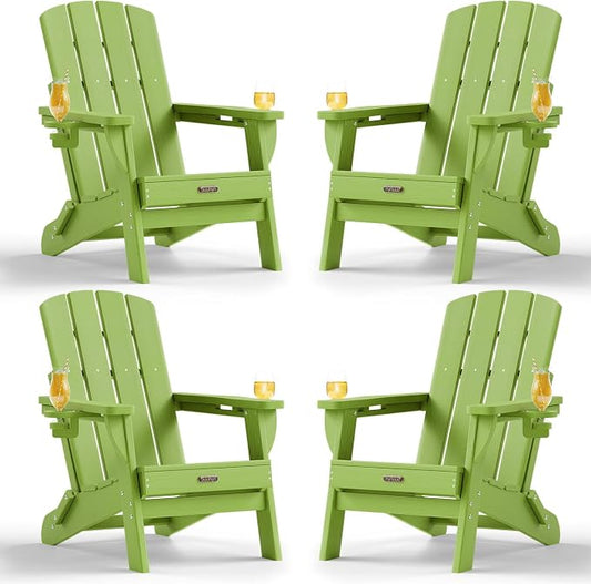 Folding Adirondack Chair Set of 4, HDPE Adirondack Chairs with 2 Cup Holder, Plastic All-Weather Fire Pit Chairs, Outdoor Lawn Chair for Patio Garden (Lime)