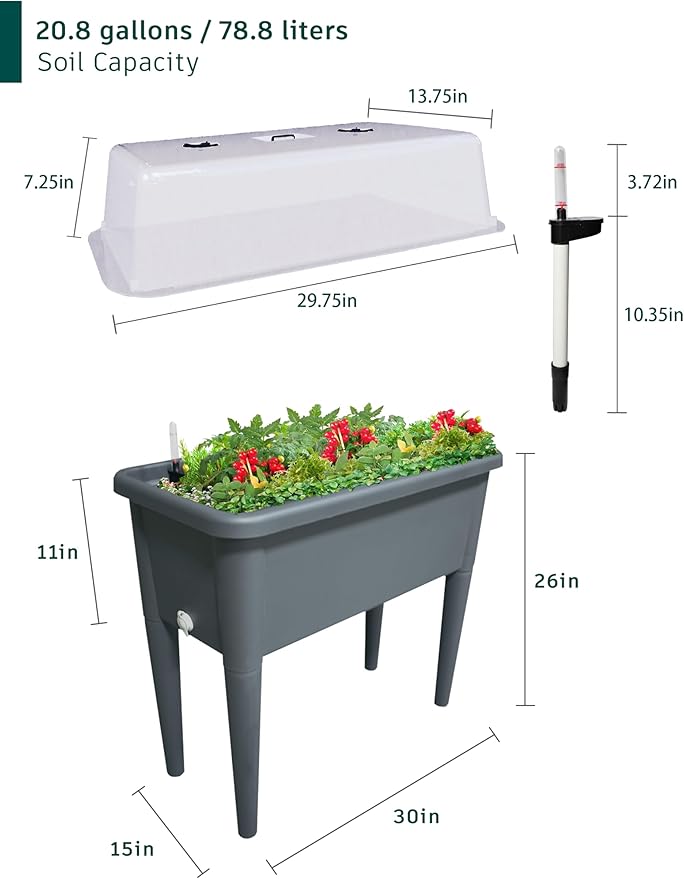20.8 Gallon Vinyl Plant Box with Legs and Greenhouse Cover, 30" x 25.6" x 15" Self Watering Raised Garden Bed with Drainage Plug , Grey