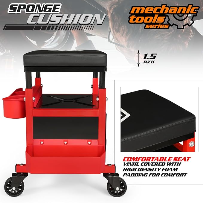M-AUTO Mechanic Stool Garage Rolling Tool Chest Seat w/Drawer & Tray, 350LBS Capacity Multi-Function Adjustable Height Mechanic Creeper Seat for Projects Inside The Garage and Workshop, Red