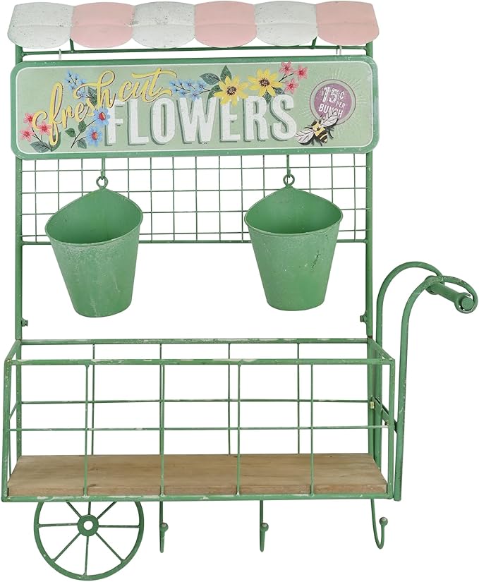 Vintage Wall-Mounted Flower Cart Organizer - Rustic Green Metal & Wood Hanging Planter with 2 Bucket Planters for Indoor/Outdoor Garden, Kitchen, Patio Decor
