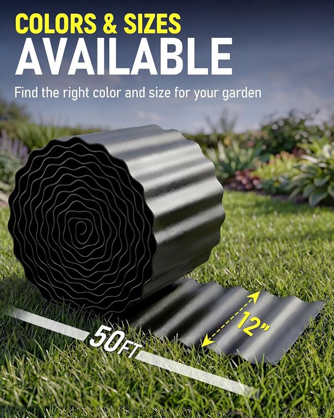 Corrugated Metal Garden Edging, 12"×50Ft Durable Landscape Border for Garden, Lawn, Flower Beds and Paver Edging (Black)