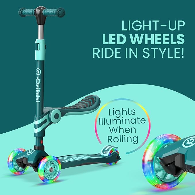 Aqua 3 Wheel Scooter with Seat for Kids, Light-Up Wheels, Adjustable Lean to Steer Handlebar and Seat, Smooth Wheels, Wide No-Slip Deck, Rear Foot Brake, Toddler Outdoor Toys for Ages 2+