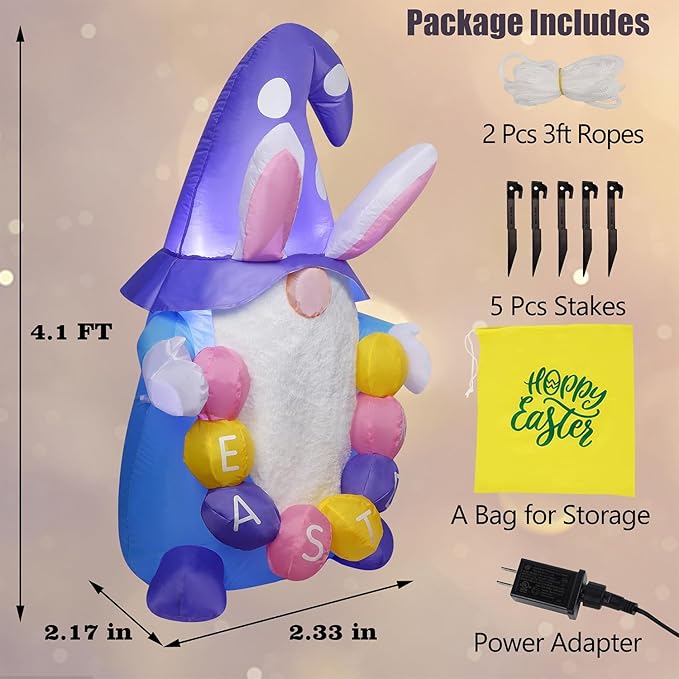 Juegoal Easter Gnome Inflatables Decorations, 4 FT Lighted Blow Cute Bunny Gnome with Eggs, Indoor Outdoor Cute Rabbit Easter Holiday Party Decor, Light Up for Lawn Yard Garden