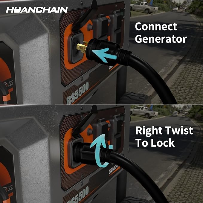 huanchain 3 Prong 30 Amp Generator Cord 25 Feet Heavy Duty,NEMA L5-30P/L5-30R 10 Gauge 125V SJTW Black Lock Generator Extension Cord Waterproof, ETL Listed