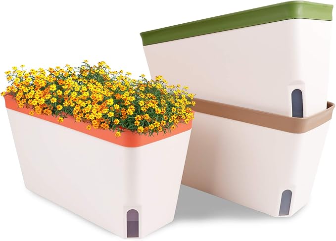 OurWarm 3 Pack Self Watering Herb Planter Set for Windowsill, 10.5In Indoor Herb Garden Planters with Water Level Indicator, Dual Layer Easy Care Pot for Basil, Flowers, Vegetables & Succulent
