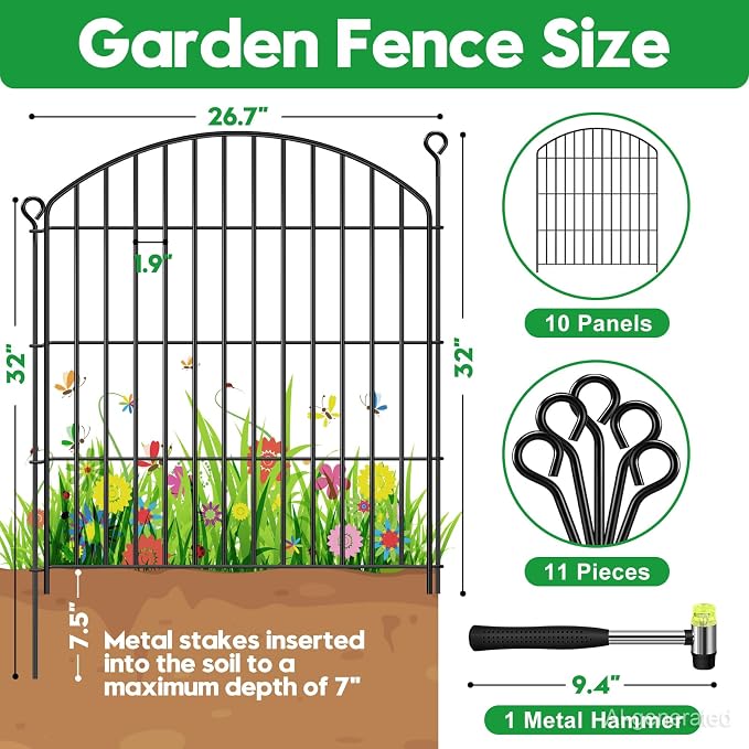 Decorative Garden Fence 32in (H) x 22ft (L), Arched Rustproof Metal No Dig Fence for Dogs & Rabbit, Ornamental Animal Barrier for Flower Beds, Border Panels Fencing for Yard & Patio Outdoor Decor