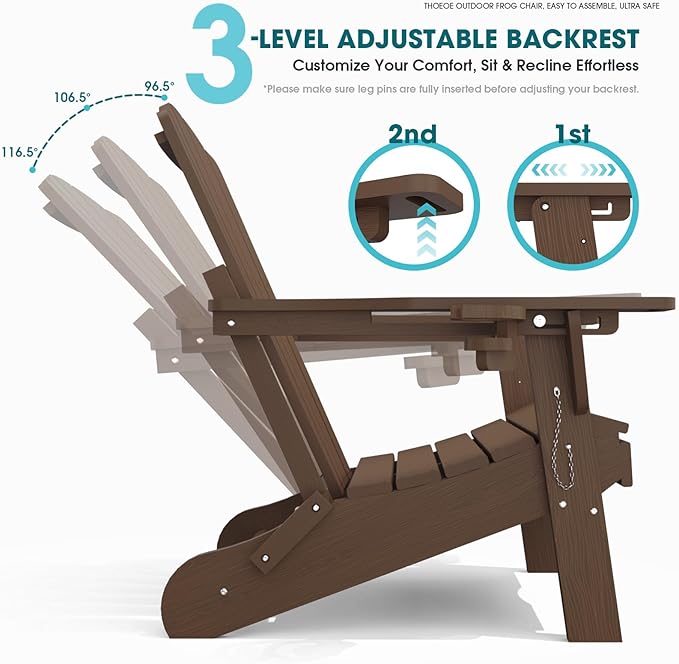 THOEOE Folding Adjustable Adirondack Chairs with Ottoman & 1 Cup Holders, HDEP Multifunctional Adirondack Chair with Footrest,Brown
