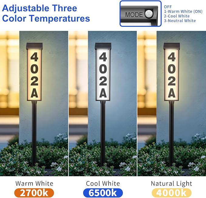 Solar Address Sign, Lighted House Numbers for Outside Waterproof, 3 Colors LED Illuminated Address Plaque with Stakes, Solar Address Numbers for House Yard Garden Street