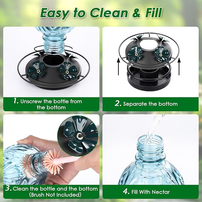 Glass Hummingbird Feeder for Outdoors Hanging, 20oz Bird Nectar Feeder with 4 Bee Guard Flower-Shaped Ports & Built-in Ant Moat, Easy to Clean, for Bird Lover,1 Pack, Blue