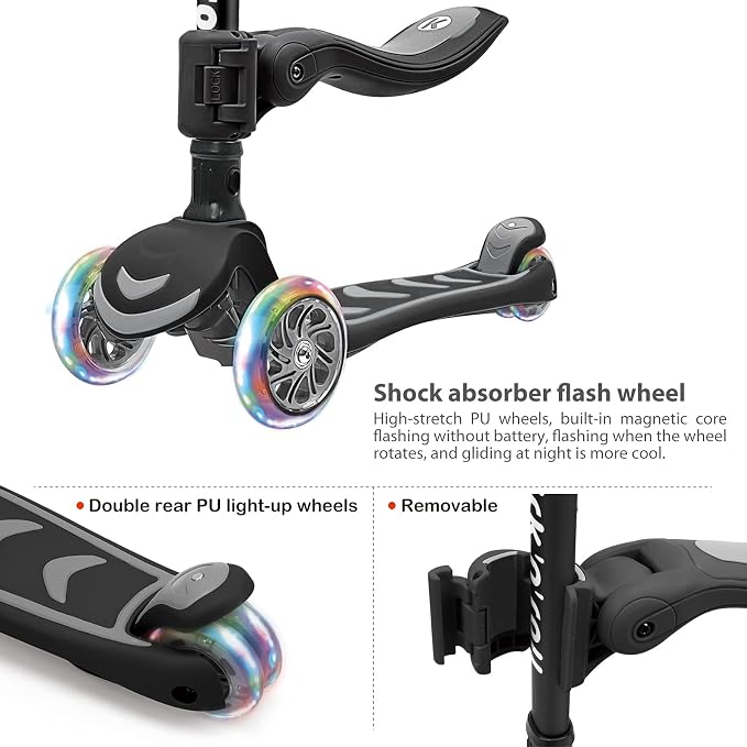 Kicknroll 3-Wheel Scooter for Kids Ages 3-12 with Light-Up Wheels, Folding Design, Adjustable Height, Extra Wide Deck (110 lbs Max)