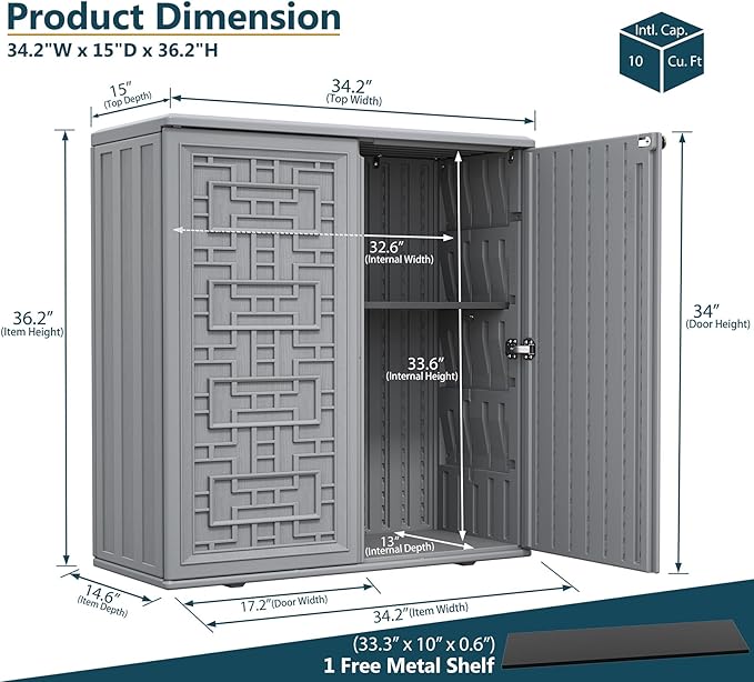 HOMSPARK Indoor/Outdoor Storage Cabinet with Doors and Shelf, 34”x15”x36” HDPE Plastic Storage Box Waterproof for Patio, Garden, Balcony, Multi-Purpose for Daily Tools, Grey