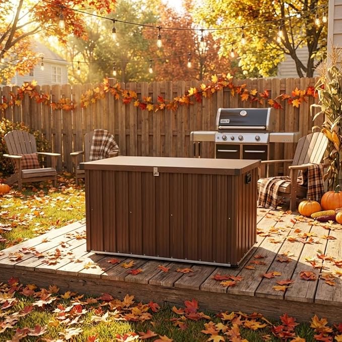 Outdoor Metal Storage Box 120 Gallon for Patio, Large Metal Deck Box Waterproof with Dual Gas Struts, Rolling Wheels and Handles, Steel Deck Box for Cushions, Tools, Pool Floats, Porch and Backyard