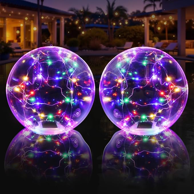 Askyli Floating Pool Lights, Colorful LED Solar Pool Lights that Float, IP68 Waterproof Light up Pool Balls, 15" Inflatable Floating Light for Pools Party Wedding Decor (2Piece)